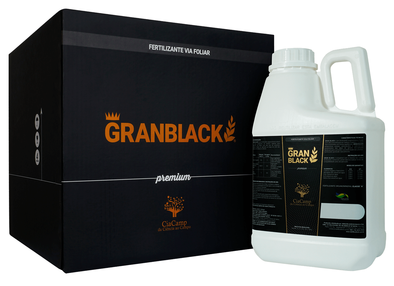 GRANBLACK Fertilizante Foliar Organomineral Premium Mockup Caixa e Embalagem de 5L do Produto